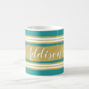 Aqua Blue Gold Streifen Muster Individuelle Name Kaffeetasse