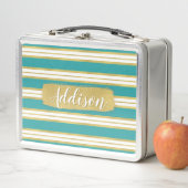 Aqua Blue Gold Streifen Muster Individuelle Name Metall Lunch Box (Beispiel)