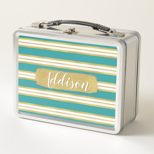 Aqua Blue Gold Streifen Muster Individuelle Name Metall Lunch Box (Vorderseite)