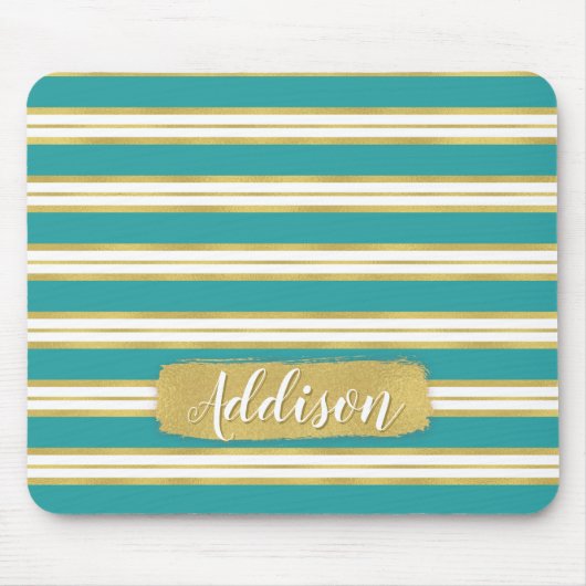 Aqua Blue Gold Streifen Muster Individuelle Name Mousepad (Vorne)