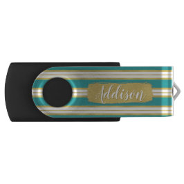 Aqua Blue Gold Streifen Muster Individuelle Name USB Stick