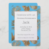 Aqua Blue Gold Tropical Blätter Geburtstag Einladung (Vorne/Hinten)