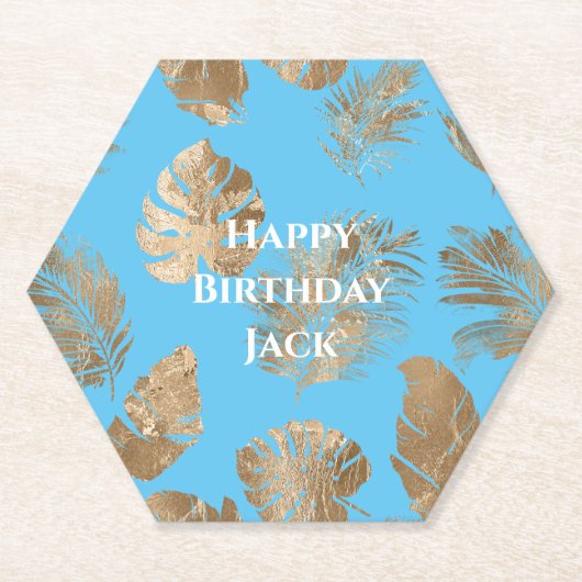 Aqua Blue Gold Tropical Blätter Untersetzer (Vorderseite)