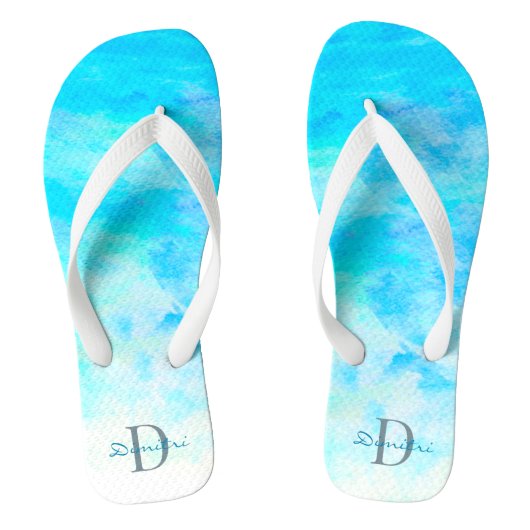 Aqua Blue Gradient Simple Monogram Name Flip Flops Badesandalen (Fußbett)