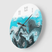 Aqua Blue Grau and Black Waves Abstrakt Moderne Ku Große Wanduhr (Winkel)