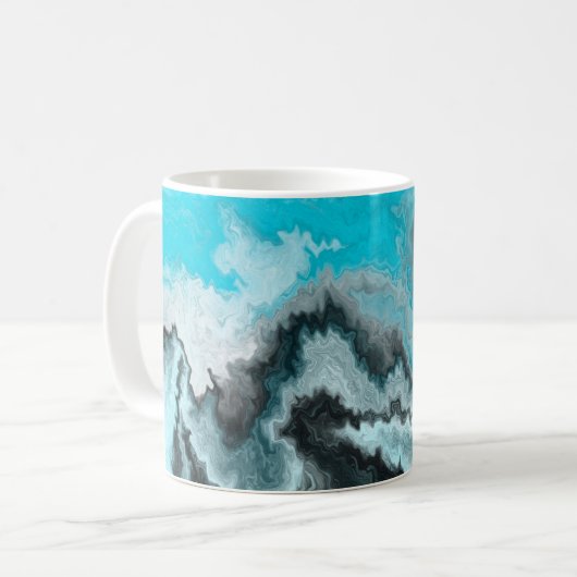 Aqua Blue Grau and Black Waves Abstrakt Moderne Ku Kaffeetasse (Vorderseite Links)