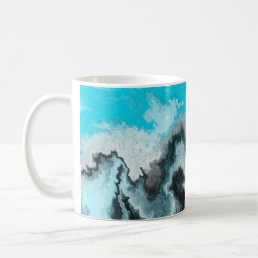 Aqua Blue Grau and Black Waves Abstrakt Moderne Ku Kaffeetasse (Links)