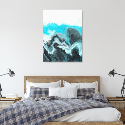 Aqua Blue Grau and Black Waves Abstrakt Moderne Ku Leinwanddruck (Insitu (Schlafzimmer))