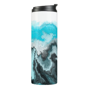 Aqua Blue Grau and Black Waves Abstrakt Moderne Ku Thermosbecher