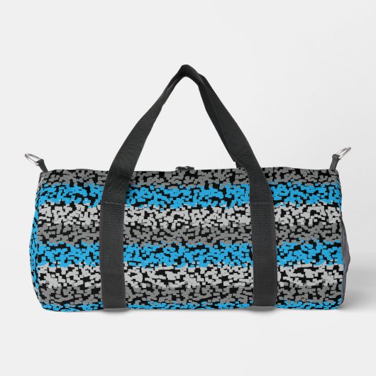 Aqua Blue Graue schwarze, pixelförmige Streifen Duffle Bag (Vorderseite)