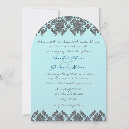Aqua Blue Gray Bevel Damask Hochzeit Einladung (Rückseite)