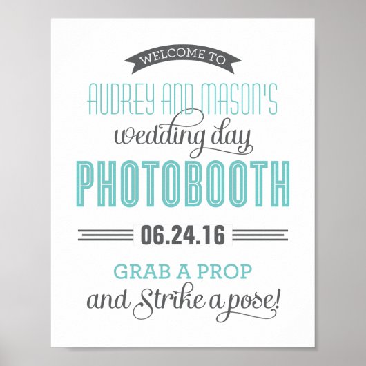 Aqua Blue Gray Custom Wedding Foto Booth Sign Poster (Vorne)