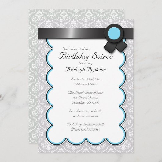 Aqua Blue & Gray Damask Birthday Soiree Einladung (Vorne/Hinten)