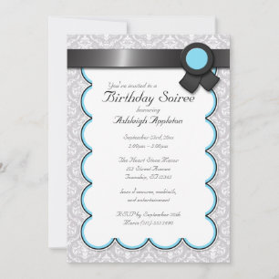 Aqua Blue & Gray Damask Birthday Soiree Einladung