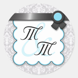 Aqua Blue & Gray Damask Doppelmonogram Stickers