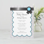 Aqua Blue & Gray Damask Kinderdusche Einladungen (Stehend Vorderseite)