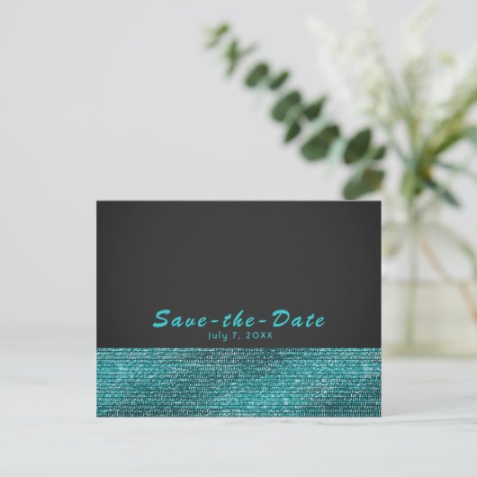Aqua Blue & Gray Modern Glam Sequins Save the Date Ankündigungspostkarte (Stehend Vorderseite)