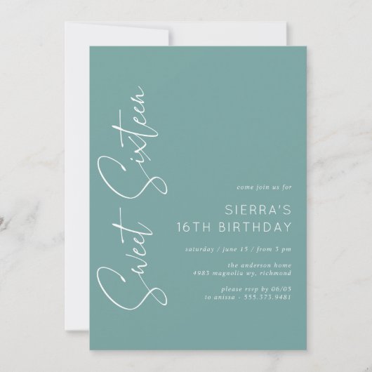 Aqua Blue-Green | Einfaches Script Sweet 16 Geburt Einladung (Vorderseite)