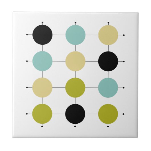 Aqua Blue Green Yellow Black Circles Mid Century Fliese (Vorderseite)
