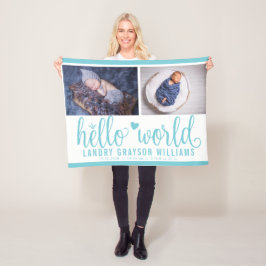 Aqua Blue Hello World Monogram Baby Stat Fleecedecke