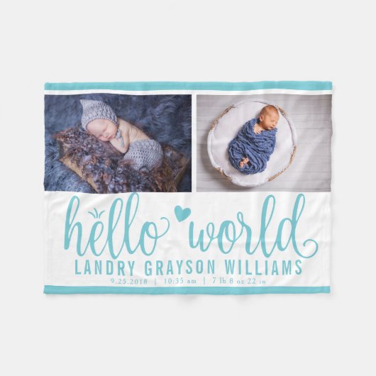 Aqua Blue Hello World Monogram Baby Stat Fleecedecke (Vorderseite (Horizontal))