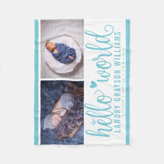 Aqua Blue Hello World Monogram Baby Stat Fleecedecke (Vorderseite)