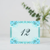 Aqua Blue Hibiskus Wedding Tischnummer Card (Stehend Vorderseite)