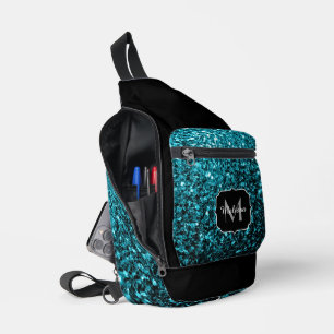 Aqua Blue Imitats Glitzer Glitzern Black Monogram Crossbody Bag