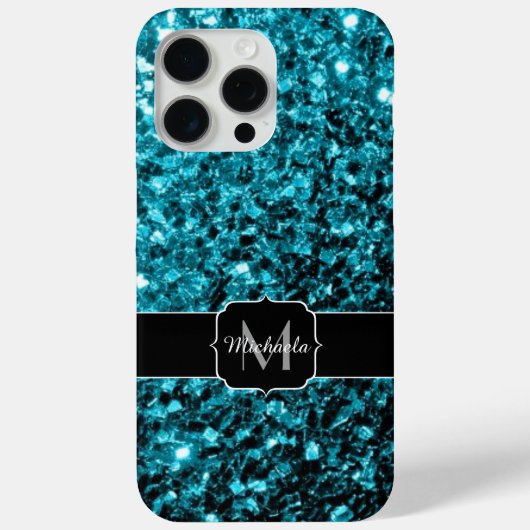 Aqua Blue Imitats Glitzer Glitzern Monogram Case-Mate iPhone Hülle (Rückseite)