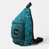 Aqua Blue Imitats Glitzer Glitzern Monogram Crossbody Bag (Rechte Ecke)