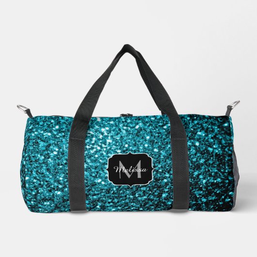 Aqua Blue Imitats Glitzer Glitzern Monogram Duffle Bag (Vorderseite)