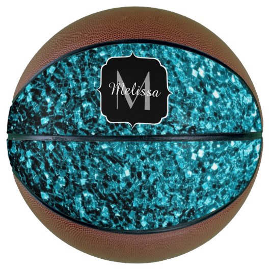 Aqua Blue Imitats Glitzer Glitzern Monogram Name Basketball (Vorderseite)