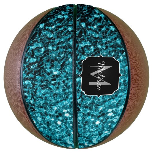 Aqua Blue Imitats Glitzer Glitzern Monogram Name Basketball (Vertikal)