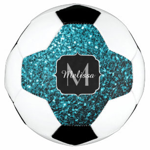 Aqua Blue Imitats Glitzer Glitzern Monogram Name Fußball