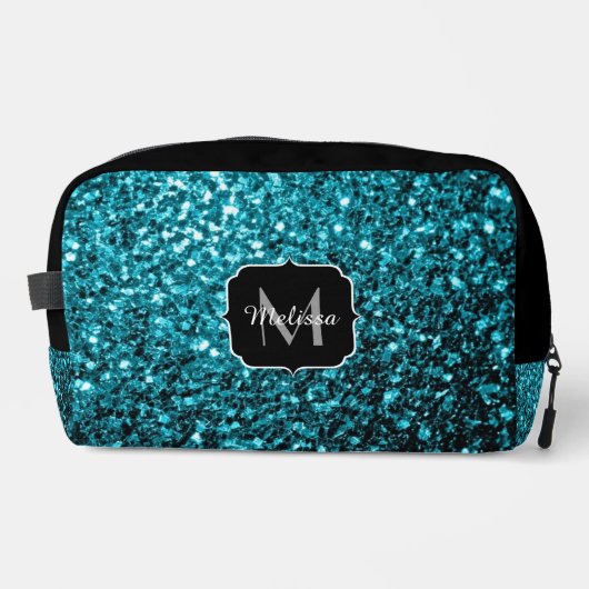 Aqua Blue Imitats Glitzer Glitzern Monogram Waschbeutel (Vorderseite)