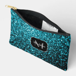 Aqua Blue Imitats Glitzer Glitzern Monogram Zubehörtasche