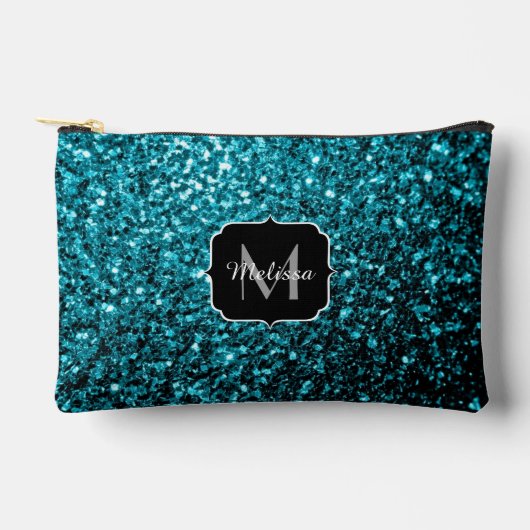 Aqua Blue Imitats Glitzer Glitzern Monogram Zubehörtasche (Vorderseite)