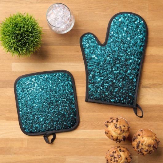 Aqua Blue Imitats Glitzer Glitzern Ofenhandschuh & Topflappen-Set (Oben Unten)