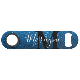 Aqua Blue Imitats Glitzer Schwarz-weiß Monogram Na Speed Flaschenöffner