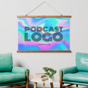 Aqua Blue Iridescent Rainbow Modern Podcast Logo Wandteppich Mit Holzrahmen