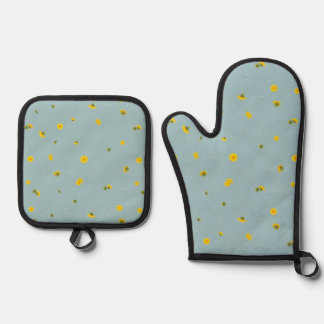 Aqua Blue Japanese Dandelion Floral Pattern Ofenhandschuh & Topflappen-Set