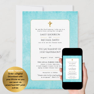 Aqua Blue Katholic Nuptial Mass Wedding Einladung