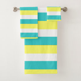 Aqua Blue, Lemon Yellow und White Stripes Badhandtuch Set