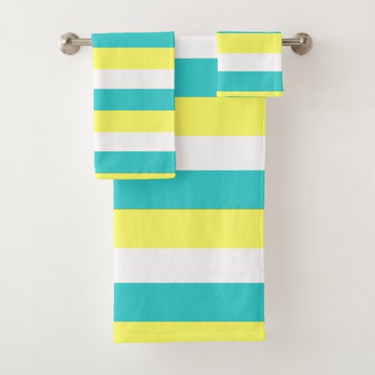 Aqua Blue, Lemon Yellow und White Stripes Badhandtuch Set (Insitu)