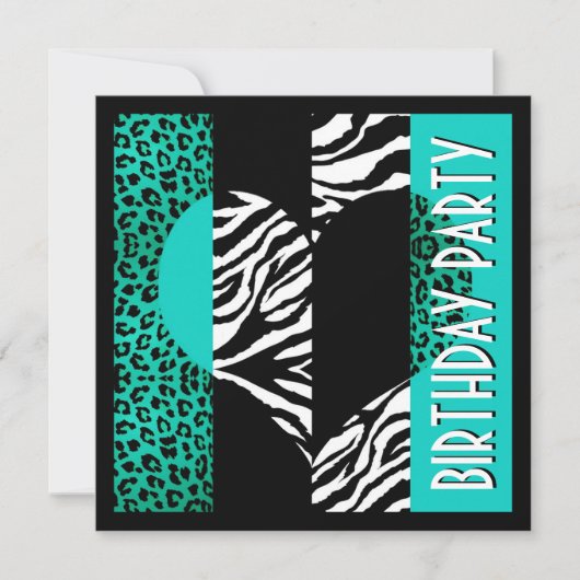 Aqua Blue Leopard Black & White Zebra Einladung (Vorderseite)