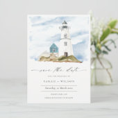 Aqua Blue Lighthouse Save the Date einladen Dankeskarte (Stehend Vorderseite)