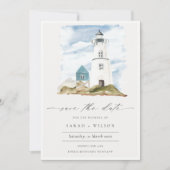 Aqua Blue Lighthouse Save the Date einladen Dankeskarte (Vorderseite)