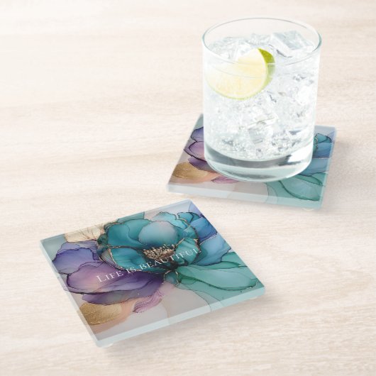 Aqua Blue Lila Gold Floral Glasuntersetzer (Schrägansicht)