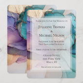 Aqua Blue Lila Gold Floral Wedding Einladung (Vorne/Hinten)