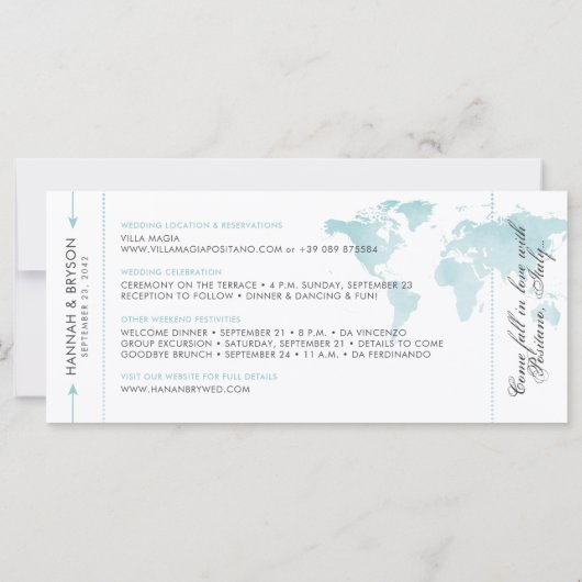Aqua Blue Map Boarding Pass Ticket Save the Date (Rückseite)